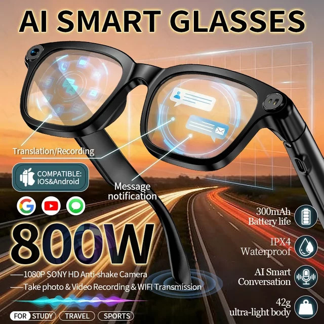LIGE Smart-Brille mit 4K Kamera, KI-Funktion, HD-Videoaufnahme und Bluetooth für Telefonate, Farbe: Schwarz - Bild 1
