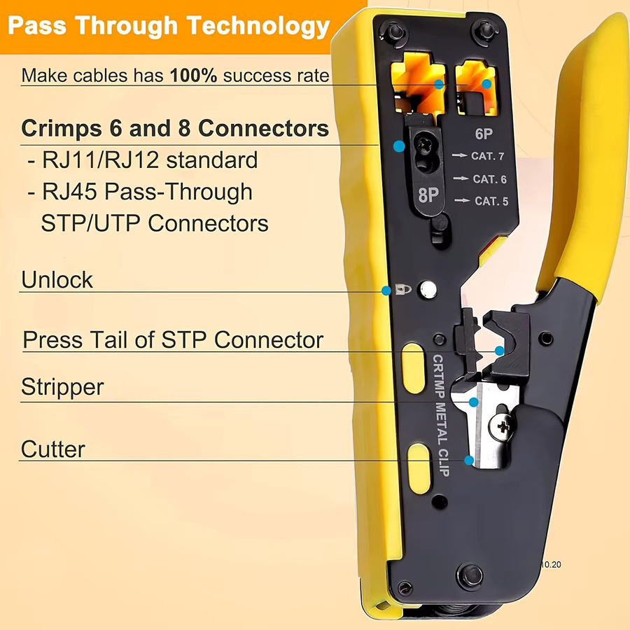 NIUXIANG Ratschenmodular-Datenkabelcrimper, Abisolierzange und Drahtschneider für RJ11, RJ12 und RJ45 Pass-Thru-Anschlüsse in Gelb - Bild 6