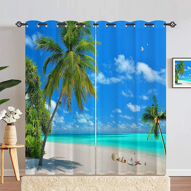 2er-Set halbverdunkelnde Vorhänge mit Meeres-Motiv von Yiran Furniture, blau, B: 100 cm, H: 130 cm - Bild 1