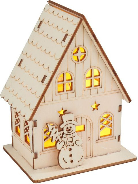 VBS Holzbausatz Haus mit Schneemann in Beige inklusive LED für Weihnachten und Winter - Bild 1