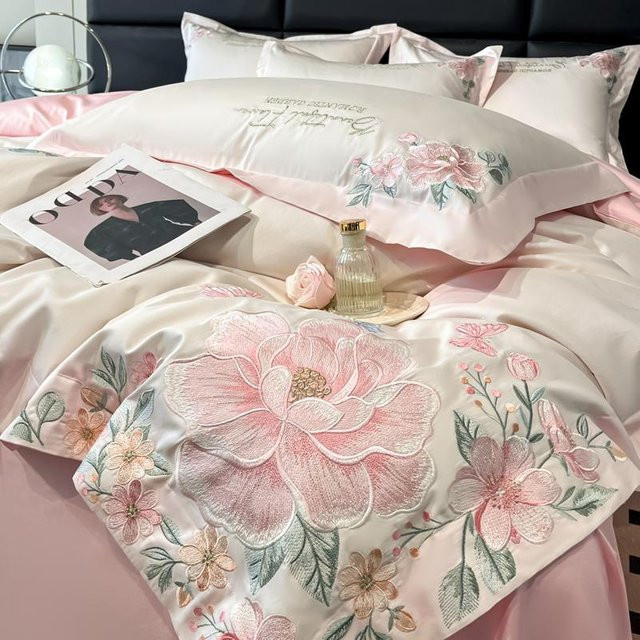 Bin Chi Textiles 4-teiliges Bettwäsche-Set aus 100% Baumwolle mit floraler Bestickung, Farbe Rosa, B/H: 200 x 230 cm - Bild 1