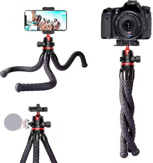 FGCLSY Flexibles Oktopus-Stativ in Schwarz für iPhone, Smartphone, Kamera und DSLR mit Telefonhalter, seitlichem Kaltschuh und 1/4 Zoll Schraube - Bild 1