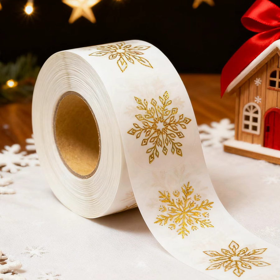 Selbstklebende Schneeflocken-Aufkleberrolle in Gold und Transparent mit 500 runden Weihnachtsetiketten zum Basteln und Dekorieren - Bild 3