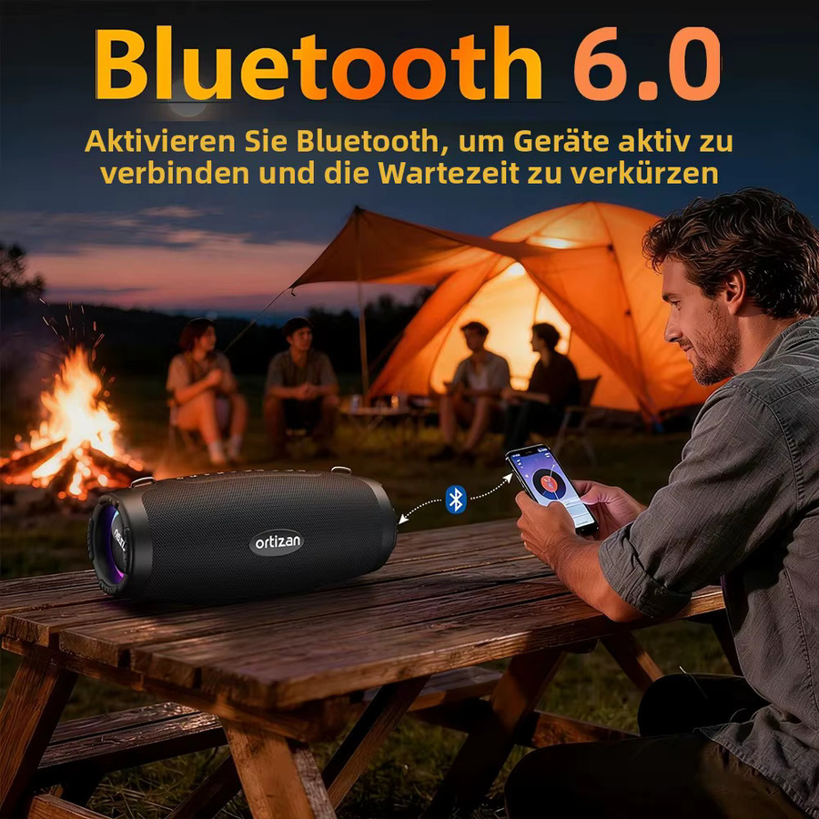 Ortizan M8 Kabelloser Bluetooth-Lautsprecher mit 60W Leistung, IP67 wasserdicht, Partybeleuchtung und Auracas Sync 100+, Schwarz - Bild 2