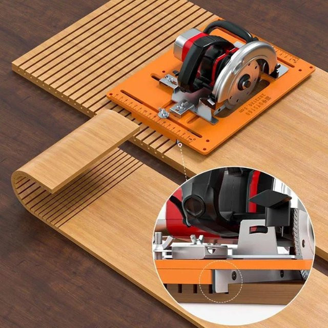 Professionelle Holzbearbeitungs-Schneidemaschine mit Basisplatte und Positionierungsschablone zur Unterstützung beim Biegen und Schneiden von Holzplatten, Orange - Bild 1
