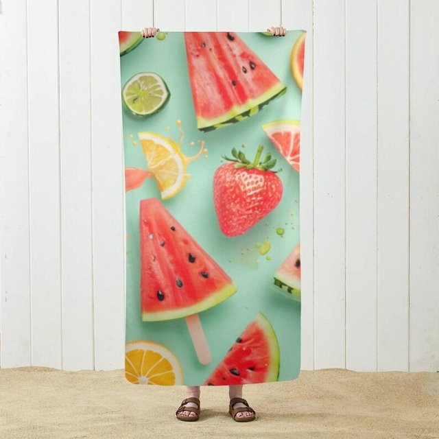 JMG Household Supplies Strandtuch Sommer Obst und Eis am Stiel, Mikrofaser Handtuch mit Wassermelone und Eis am Stiel Druck, Multicolor, B/H: 70 x 140 cm - Bild 1