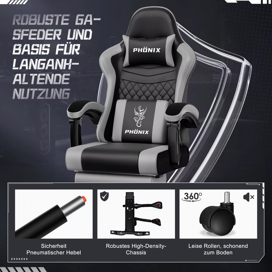 Hiazurm Gaming-Stuhl ergonomisch in Blau-Schwarz mit verstellbarer Kopfstütze, Lendenkissen und Armlehnen aus Kunstleder - Bild 5