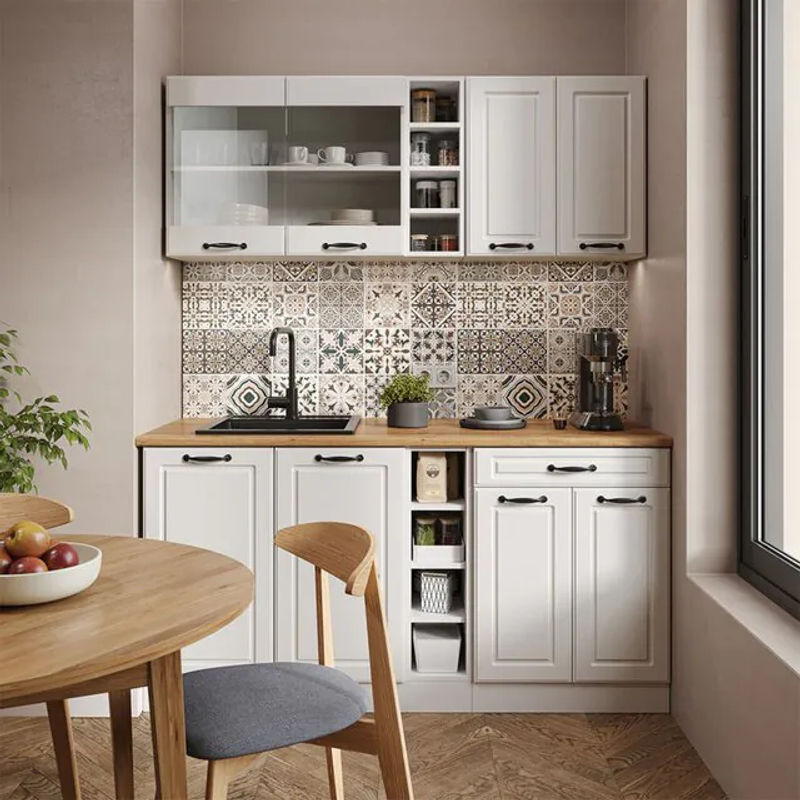 Vicco Singleküche R-line Küchenzeile in Weiß Landhausoptik mit Marmor-Dekor, Breite: 160 cm, Tiefe: 60 cm, Höhe: 81,6 cm - Bild 1