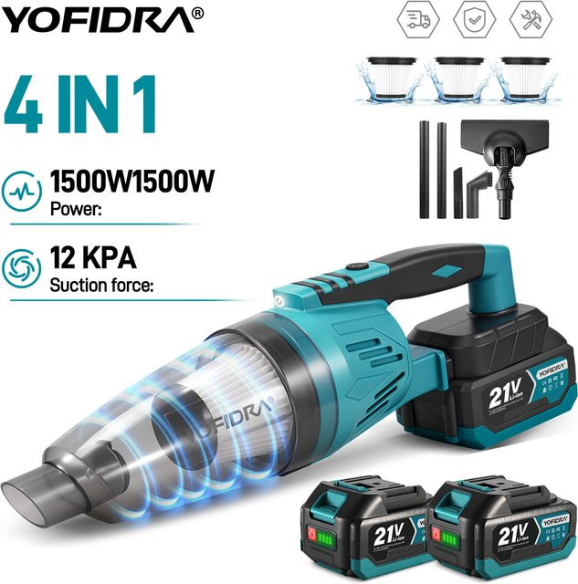 YOFIDRA 4in1 Akku Staubsauger 1500W 12KPA Drahtlos für Haus und Auto in Türkis mit 3 Filtern für Makita Akku - Bild 1