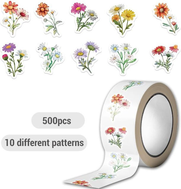 Fashnics Gänseblümchen-Aufkleberrolle Niedliche Blume Aufkleber 500 Stück - Bild 1