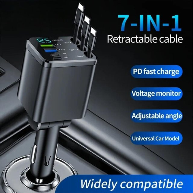 7-in-1 Einziehbares USB-Autoladegerät mit Digitalanzeige und USB-C für iPhone, Samsung und Xiaomi in Schwarz - Bild 1