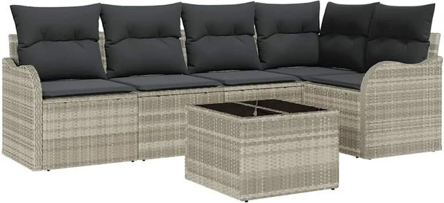 vidaXL Garten-Sofa-Set aus Poly Rattan in Hellgrau mit Kissen, 6-teiliges L-Shape Lounge-Set - Bild 1