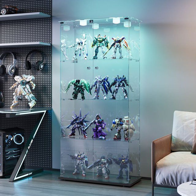 Rosahqnda Glasvitrine mit LED-Beleuchtung und Doppeltür, 4-stöckiger Variationsschrank aus Glas in Black-Pat Light und Transparent - Bild 1
