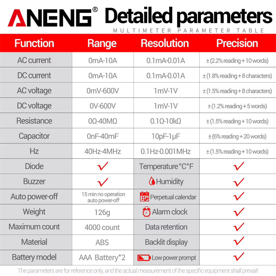 ANENG 612/613 3-in-1 Smart Digital-Multimeter in Rot für AC/DC-Spannung, Kapazität, Widerstand und Frequenz mit Kalender und Buzzer - Bild 5