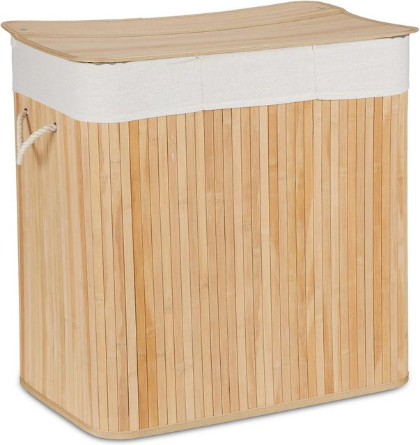 Relaxdays Wäschekorb aus Bambus in Natur mit 3 Fächern und Deckel, faltbar, Farbe: beige, B/T/H: 62 x 62,5 x 42,5 cm - Bild 1