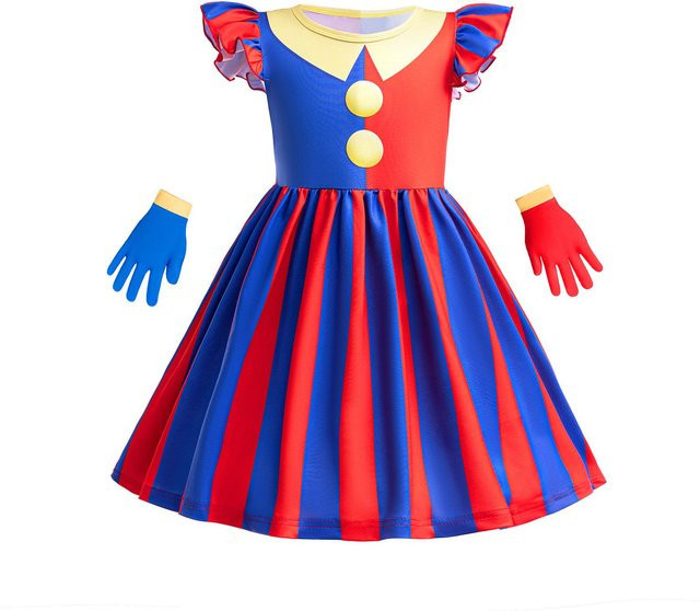 Pomni Halloween Kostüm The Amazing Digital Circus, Kleid, Handschuhe und Plüschtier Bündel, ab 4 Jahren, Rot - Bild 1