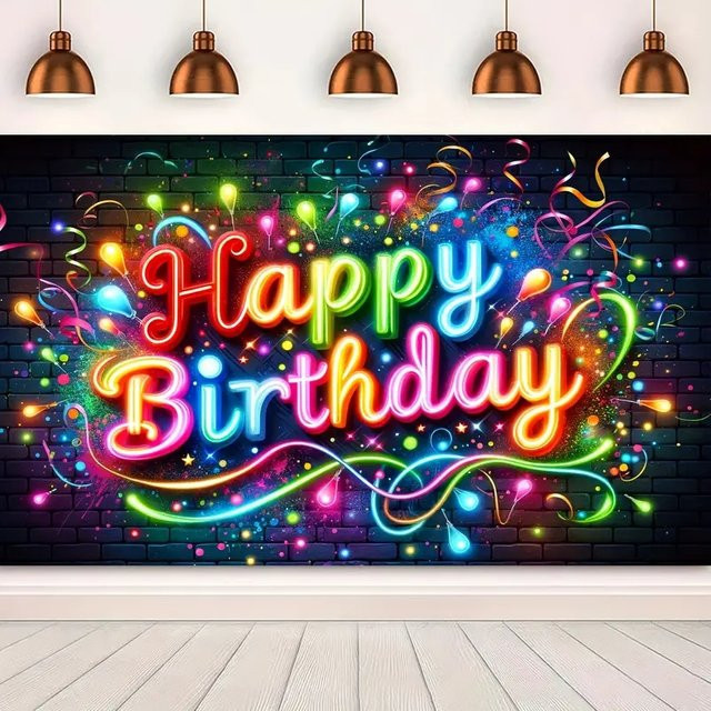 VIKAMA Happy Birthday Wandteppich in Neonfarben, dekorativer Stoff-Hintergrund für Fotoshootings und Geburtstagsdekoration, B: 100 cm, H: 70 cm - Bild 1