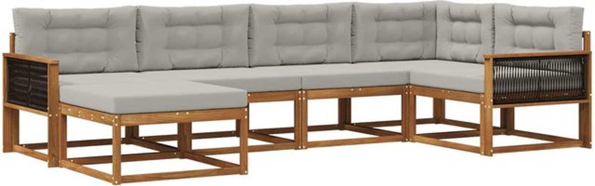 vidaXL Outdoor-Sofagarnitur aus Akazie mit Kissen, 6-teiliges Loungemöbel-Set in Natur und Grau - Bild 1