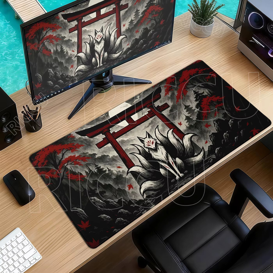 Riccu Gaming-Mausmatte mit Anime-Fuchs-Design in Schwarz-Rot, erweiterte Schreibtischunterlage für PC und Büro - Bild 2