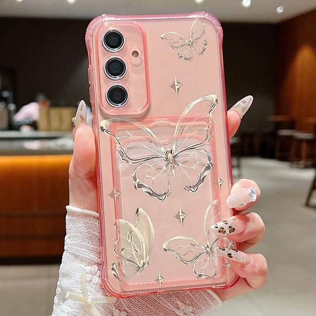Yiran Handyhülle mit Gold Schmetterlingsdruck und Kartenfach für Samsung Galaxy S25 S24 S23 S22 Ultra S24 FE A56 A55 A35 A16 A15 5G aus transparentem TPU - Bild 1