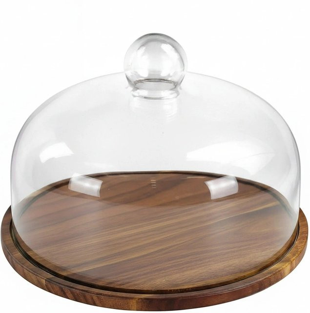 Relaxdays Tortenplatte aus Akazienholz in Natur mit transparenter Glashaube, B: 28 cm, H: 16 cm - Bild 1