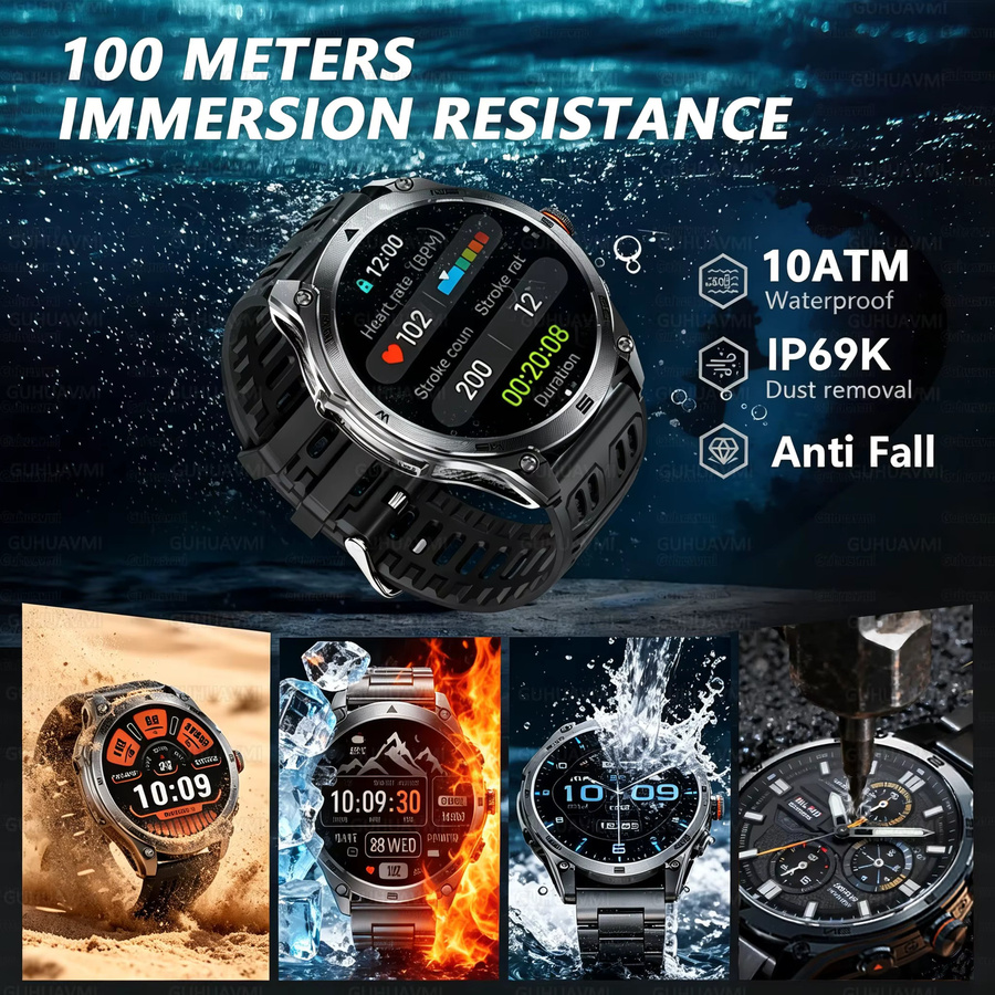 GUHUAVMI Smartwatch, GPS, 10 ATM, Silikon, Schwarz, Orange, Herren - Bild 4