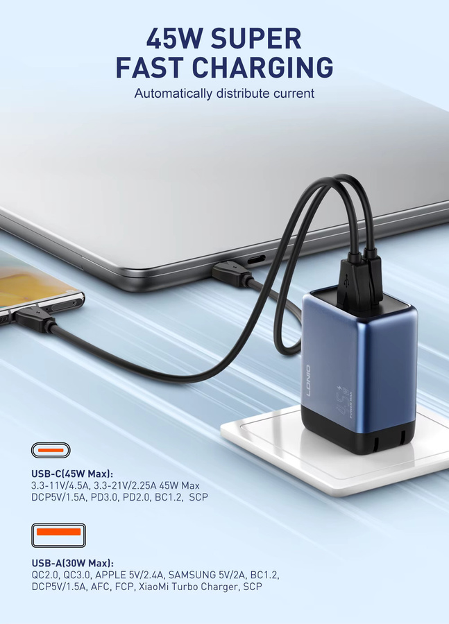 LDNIO Gan 45W Schnellladegerät Typ-C in Blau für iPhone, Xiaomi und Samsung - Bild 3