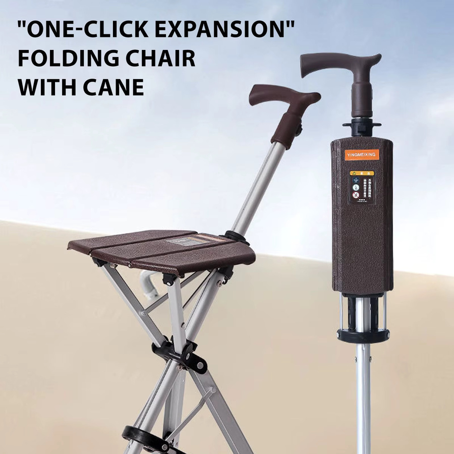 Rbefeuly 2-in-1 Gehstock mit Sitz in Braun, klappbarer Gehstockhocker als tragbare Mobilitätshilfe für ältere Menschen mit Ein-Knopf-Funktion, Höhe: 85 cm, Breite: 23 cm - Bild 3