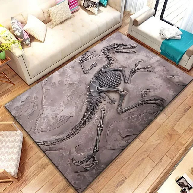 VIKAMA 3D-Dinosaurier-Fossil Teppich in Grau für Wohnzimmer, Schlafzimmer und Kinderzimmer - Bild 1