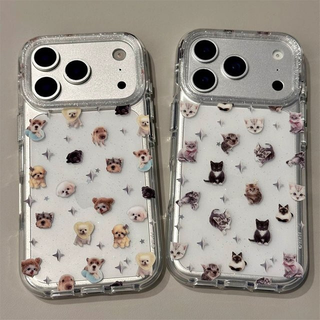 KASONPAI iPhone Schutzhülle mit niedlichem Welpen und Cartoon-Kätzchen Design, transparent mit glitzernden Sternen, stoßfest - Bild 1