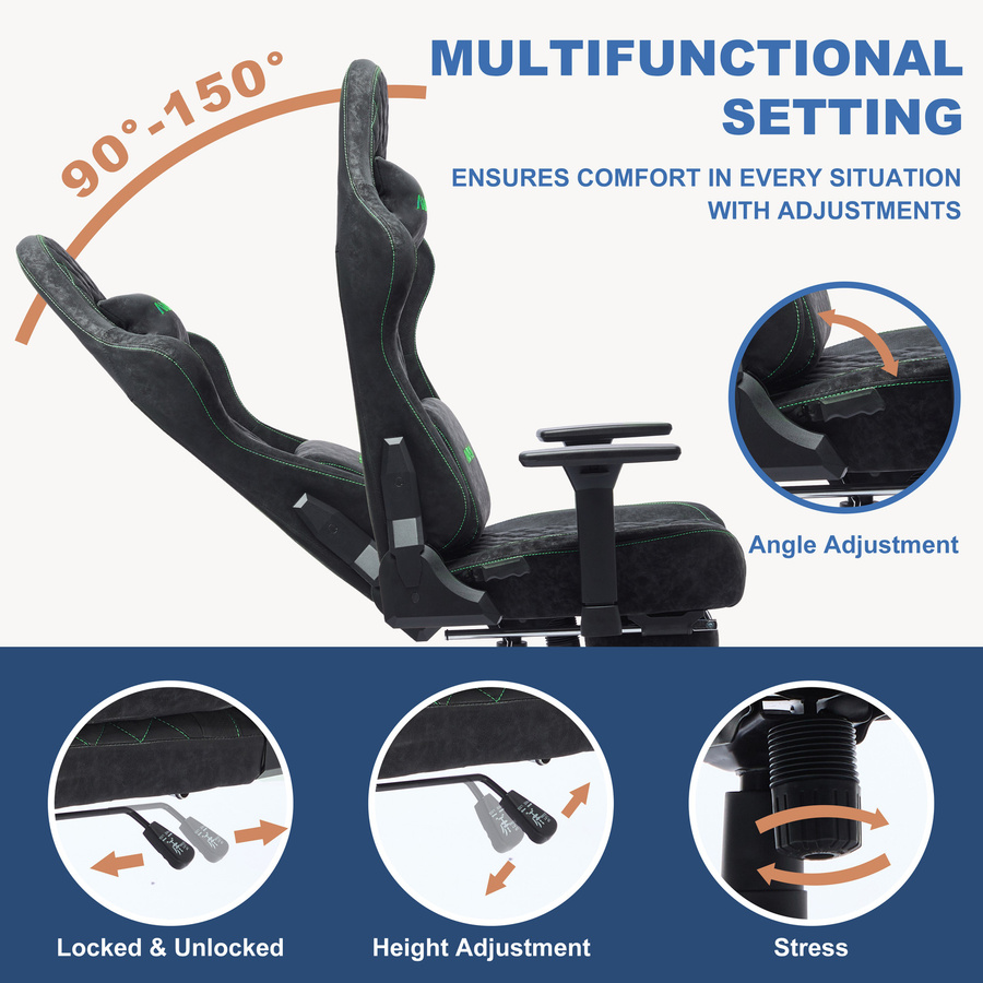 ANDYOU Vintage Gaming Chair aus PU-Leder in Schwarz mit ergonomischer Unterstützung und Kopfstütze - Bild 2
