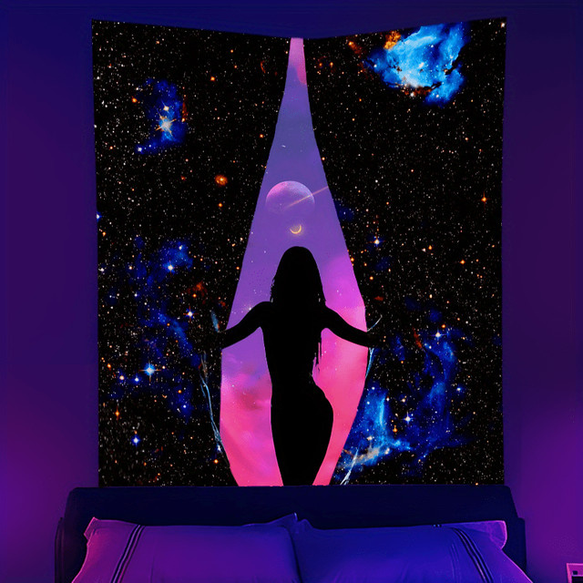 VIKAMA Neon Space Goddess Wandteppich in Schwarz und Multicolour, Boho Hippie Wanddekoration für Schlafzimmer und Wohnheim - Bild 1