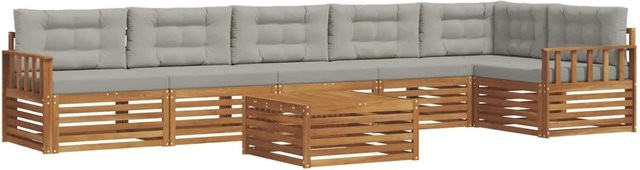 vidaXL Outdoor-Sofagarnitur in L-Form aus Akazienholz mit Kissen, 7-teilig, Natur und Hellgrau - Bild 1