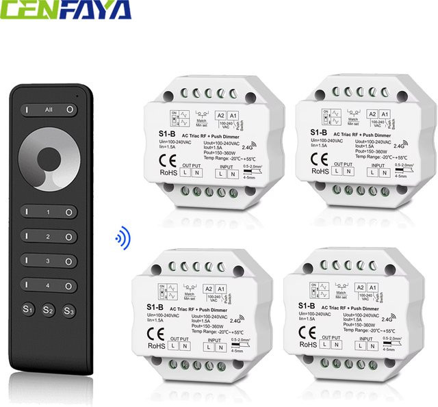 CENFAYA 4-Zonen AC Triac Dimmer Druckschalter mit 2,4G RF Fernbedienung zur Helligkeitssteuerung für dimmbare LED-Streifenbeleuchtung - Bild 1