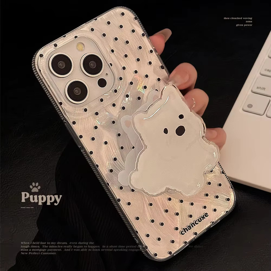 MUQGEW Koreanische Polka Dot Handyhülle mit Cartoon-Welpenhalterung für iPhone 16, 15, 14, 13, 12, 11 Pro Max, stoßfeste Hartschale, transparent - Bild 2