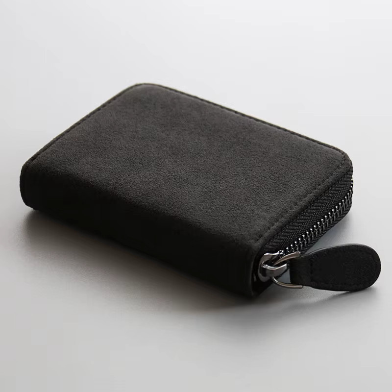 YMW Luxus Kartenhalter aus Alcantara und Kunstleder für Damen und Herren, Schwarz, Dünne Zipper-Brieftasche - Bild 3