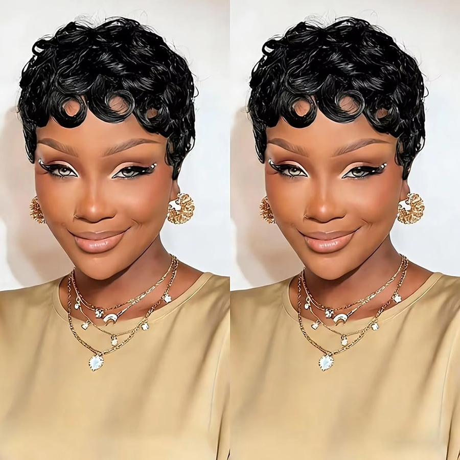 UVEOUS Pixie Cut Echthaarperücke, 13x4 HD Lace Frontal, Lockig - Bild 4