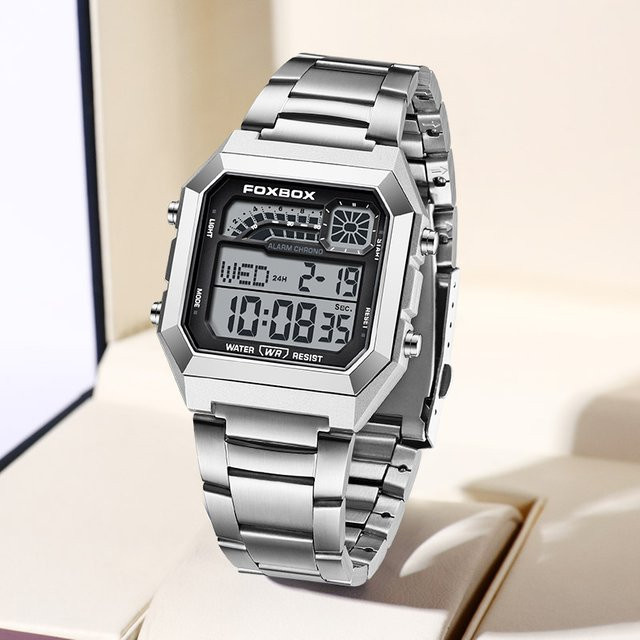 FOXBOX Digitaluhr, Edelstahl, Schwarz, Herren - Bild 1