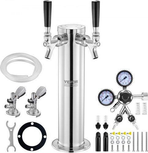 VEVOR Kegerator-Turm-Kit aus Edelstahl in Silber mit zwei Zapfhähnen, Doppelmessgerät, W21.8-Regler, A-System-Fasskupplung und Bier-Tropfschale, B/T/H: 43,5 x 17,5 x 11,5 cm - Bild 1