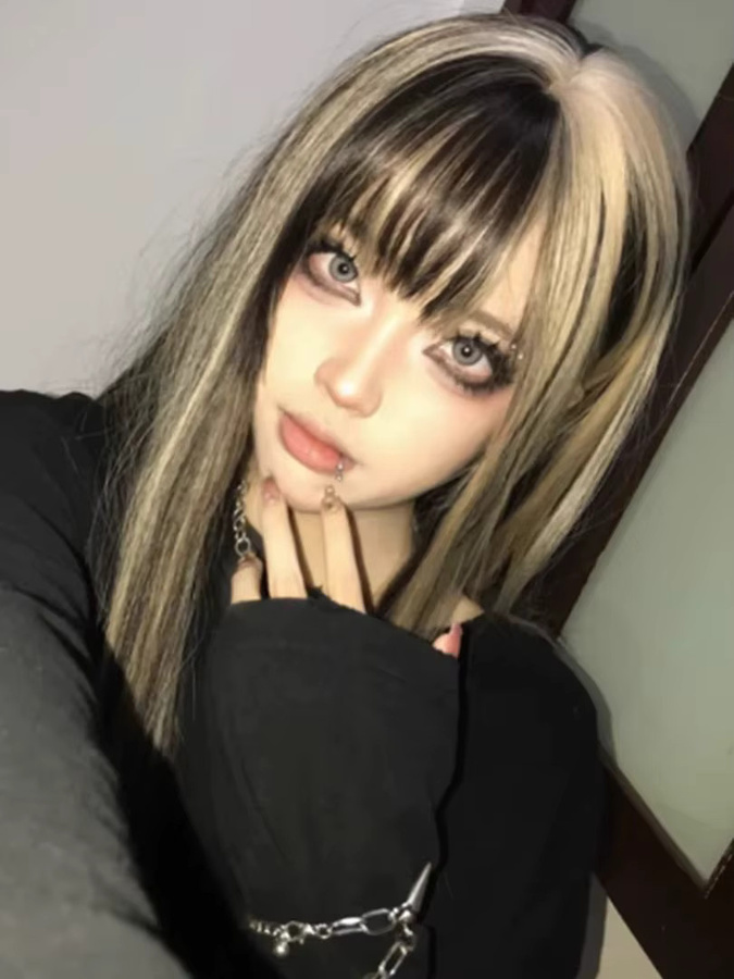 GAKA Perücke, synthetisch, lang, gerade, Schwarz-Blond-Mischung, mit Pony, Damen - Bild 4