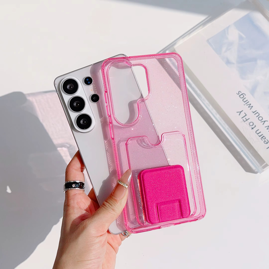 Luxuriöse Kartenhalter-Brieftasche mit Glitzer-Effekt und Standfunktion als transparente Schutzhülle für Samsung Galaxy S26 S25 S24 S23 Plus Ultra in Pink und Purple - Bild 1