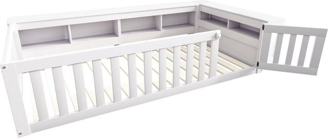 Merax Kinderbett aus Massivholz und MDF mit Schutzgitter und Seitenfächern, Weiß und Grau, B/T/H: 90 x 200 x 112 cm - Bild 1