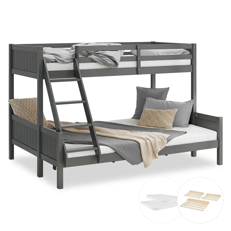 Homestyle4u Etagenbett aus Kiefernholz in Grau mit Lattenrost und 2 Matratzen, B/T/H: 230 x 140 x 147 cm und 230 x 90 x 147 cm - Bild 2