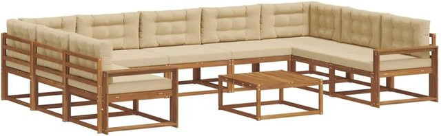 vidaXL Outdoor-Sofagarnitur aus Akazienholz in L-Form mit 10-teiligem Set, Farbe Natur und Beige - Bild 1