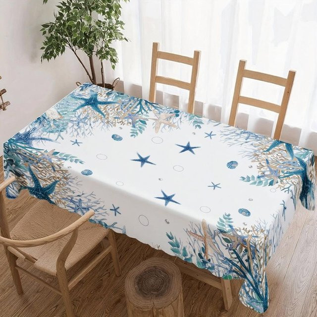 Wasserdichte und wiederverwendbare rechteckige Tischdecke mit Seestern- und Seetang-Motiv von JINGYUE Pet in Blau, B/L: 100 x 160 cm - Bild 1