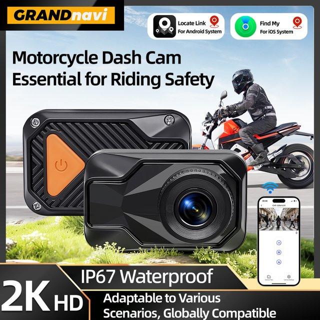 Grandnavi Wasserdichte Motorrad Dual 2K DVR Dashcam mit WiFi und Apple Find My Unterstützung, Schwarz - Bild 1