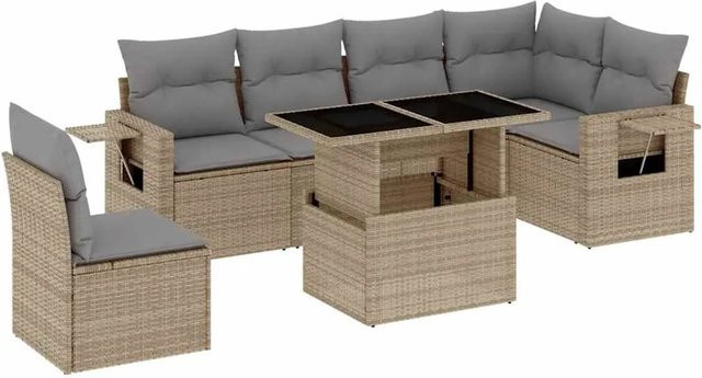 vidaXL 7-teilige Garten-Sofagarnitur in L-Form aus Poly-Rattan mit Kissen in Beige-Grau - Bild 1