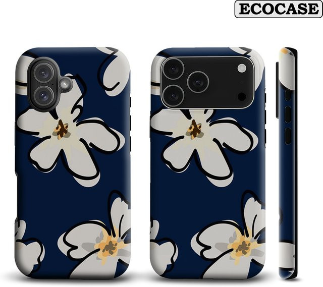 Marineblaue iPhone Hülle mit floralem Design für Apple iPhone 17 16 15 14 13 12 11 Pro Max Plus mit doppellagiger Rückseite - Bild 1
