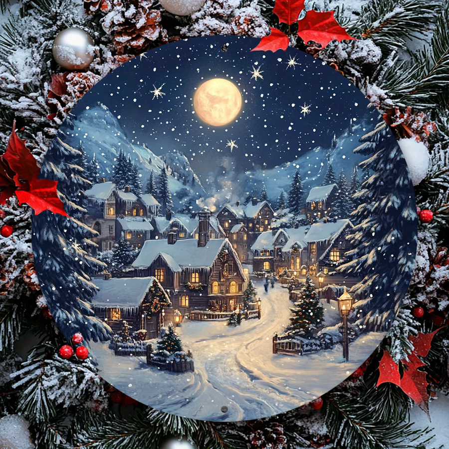 Potdemiel Vintage Rundes Metallschild Winternacht Schnee Dorf Szene Wandbehang Mehrfarbig Durchmesser: 20,32 cm - Bild 2