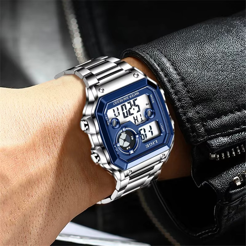 LIGE Digitaluhr, Edelstahl, Eckig, Blau, Herren - Bild 4